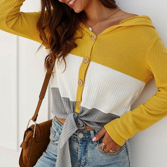 Yellow & Gray Colorblock Waffleknit Top - Picture 1 of 5